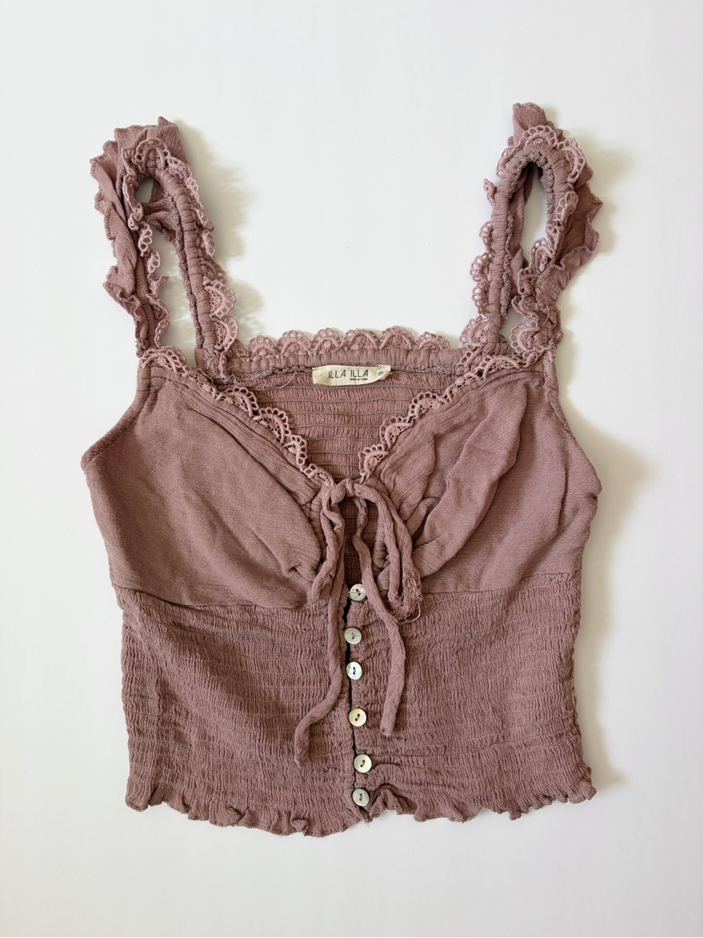 Pink Lace-Trim Tie-Front Smocked Tank